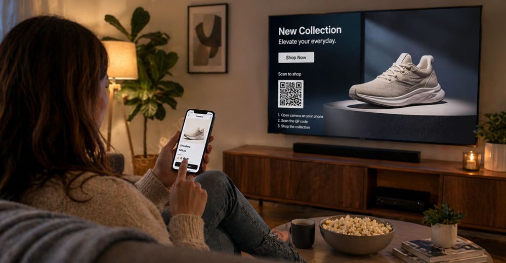 Person shopping on smartphone while watching streaming TV with interactive ad, illustrating connected TV commerce